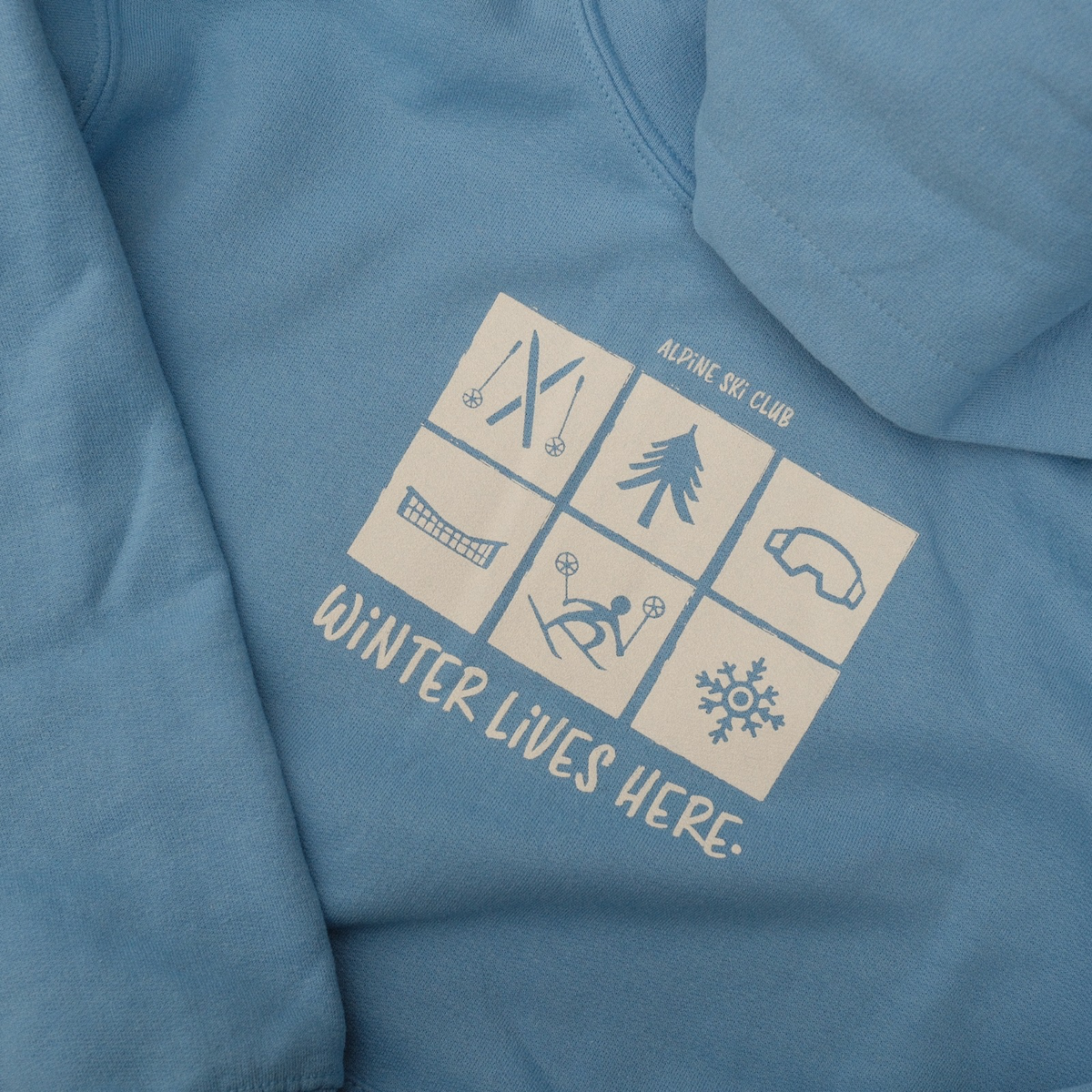 Close-up of Carolina blue Alpine Ski Club youth hoodie with six winter icons and ‘Winter Lives Here’ lettering.